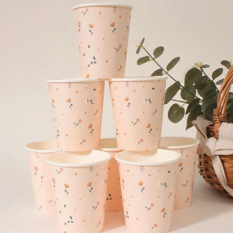 Eco-friendly disposable picnic time cups with floral designs
