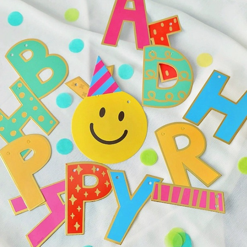 Whimsical Birthday Decoration. Party Banners with 1 smiley face with party hats 13 letter pennants in different polka dot & stipes designs