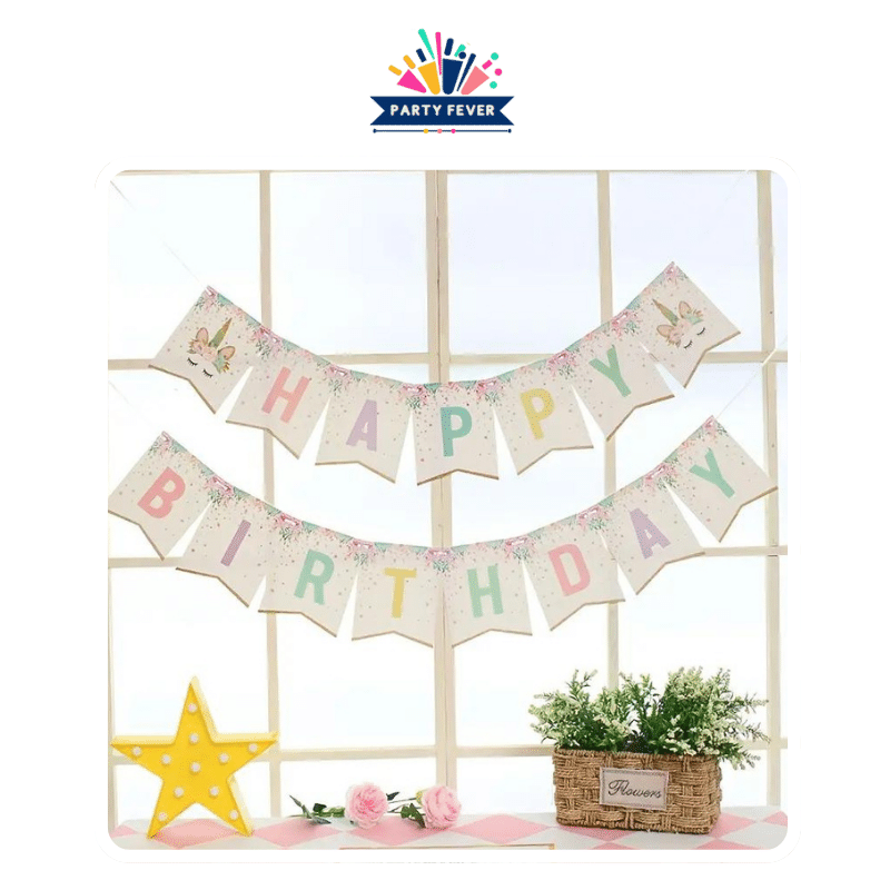 Whimsical unicorn birthday banner for parties