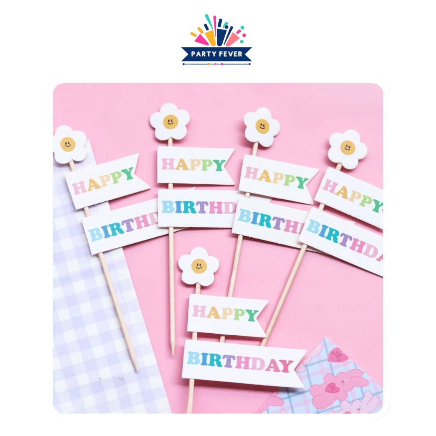 'Happy Birthday' Painted Flag Cake Toppers, Daisy Decor Delight, Birthday Party Essentials