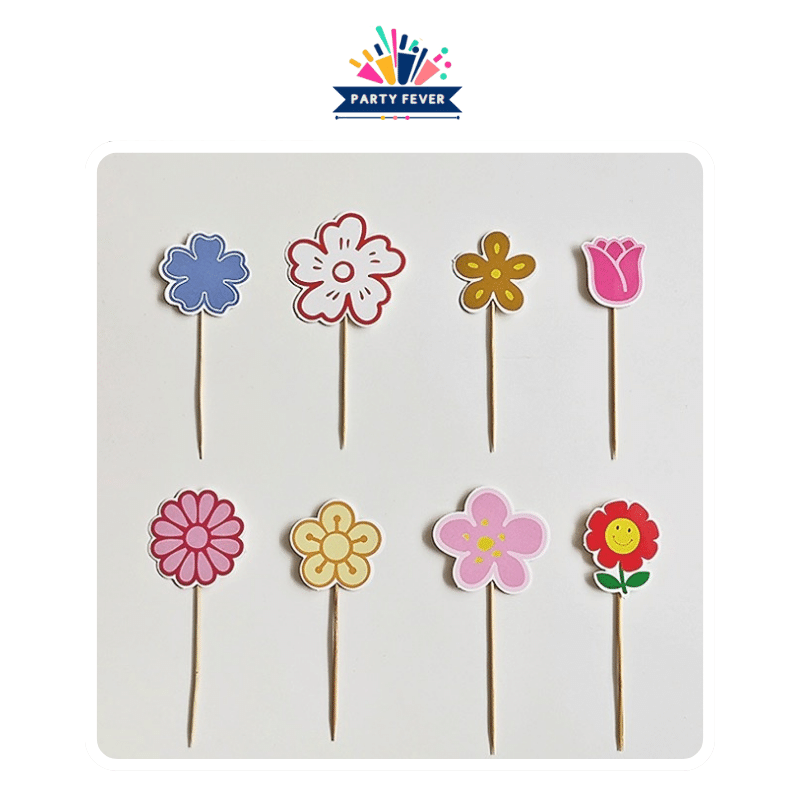 Vibrant Flower-Shaped Cake Toppers (Pack of 8 in 8 designs)