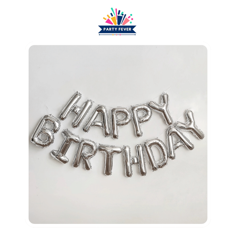 Silver happy birthday letters balloon garland