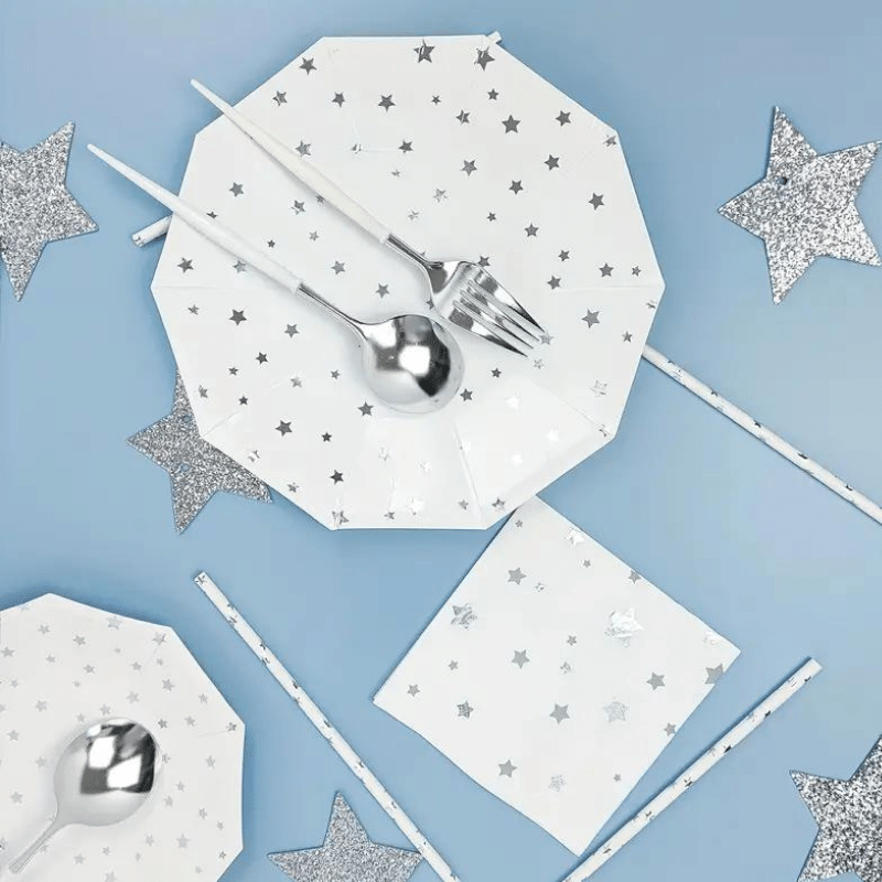 Elegant Silver Foil Stars Pattern Plates - Pack