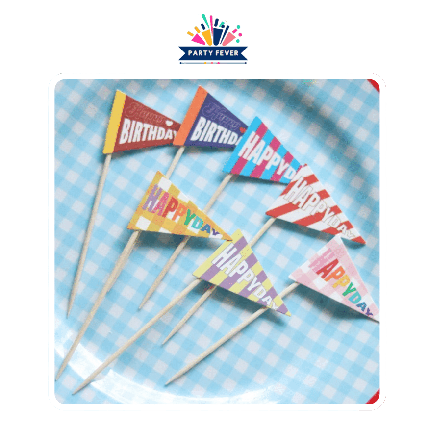 Unique printed cake picks. Gingham and stripe design toppers with 'HAPPY DAY' & ' HAPPY BIRTHDAY' written on it(Pack of 7))