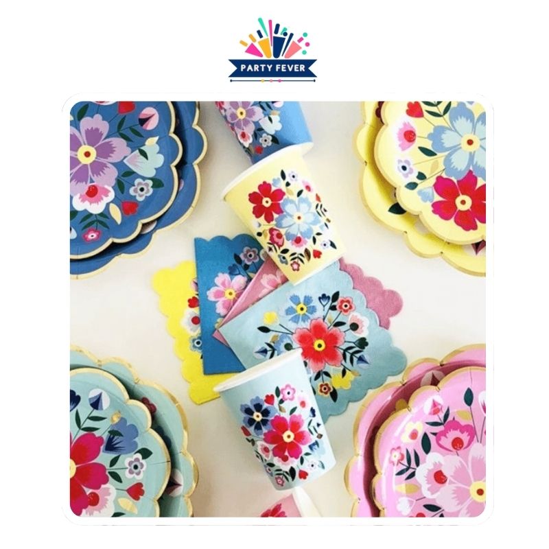 Colorful floral plates with intricate designs