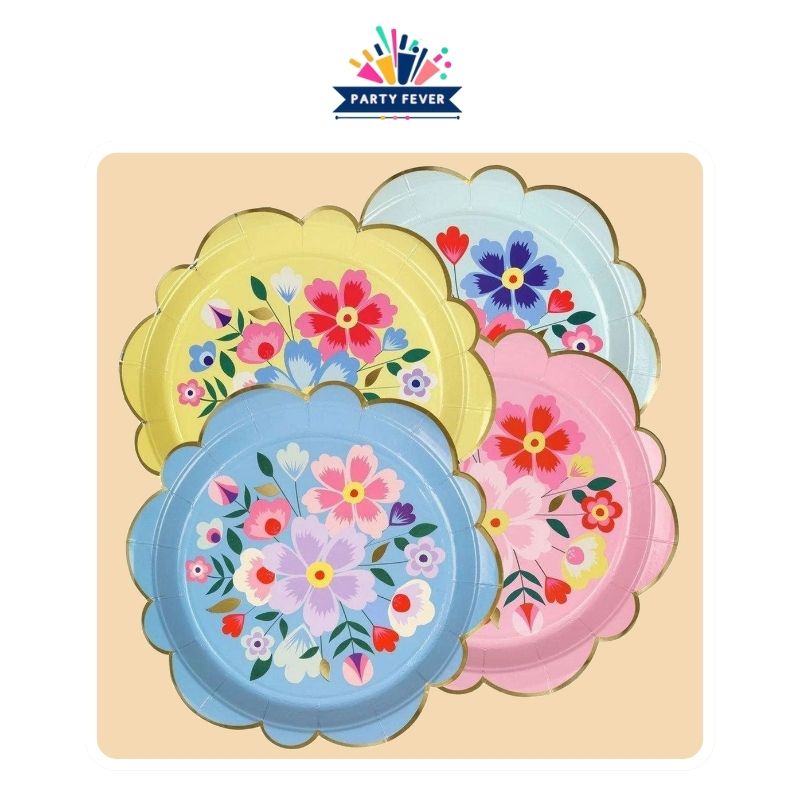 Colorful floral paper plates with vibrant designs