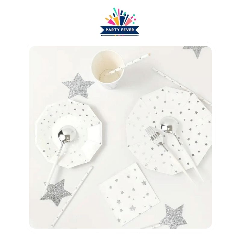 Silver Foil Stars Pattern Party Set on a beautifully set table