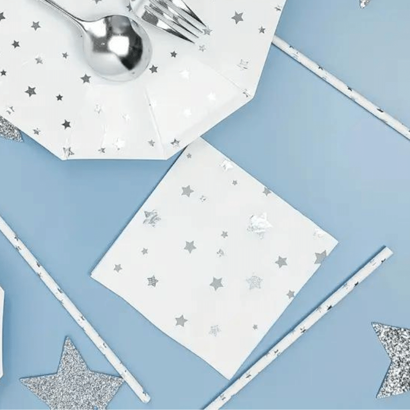 Elegant Silver Foil Stars Pattern Straws - Pack