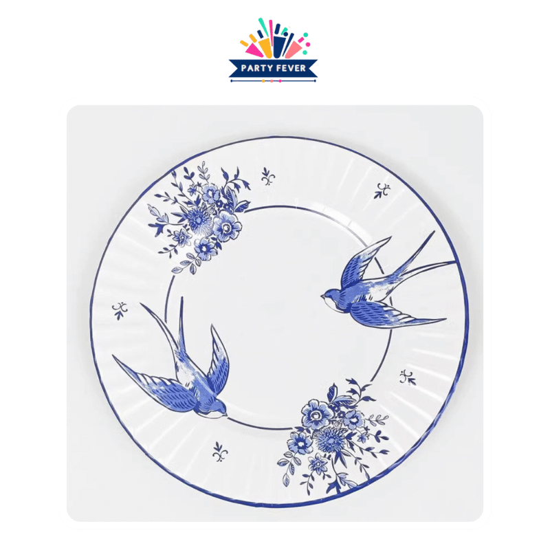 Blue and White Poetic Porcelain Bird Paper Plates (Pack of 8)