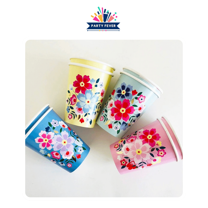 Colorful floral disposable cups pack - pack of 8 
