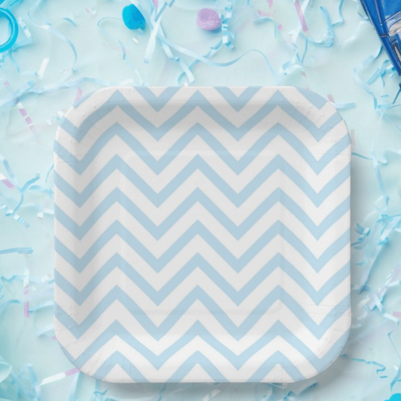 Sophisticated Sky Blue Chevron Patterned Square Paper Plates