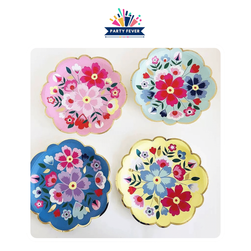 Colorful floral disposable paper plates, pack of 8, 2 size options, 4 color options