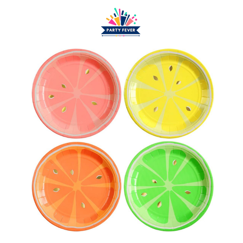 Fruity neon citrus dessert plates set - 4 colors - pack of 8