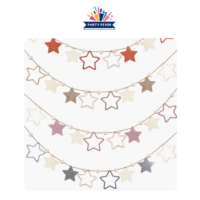 Glittery star garland with beads and rope.