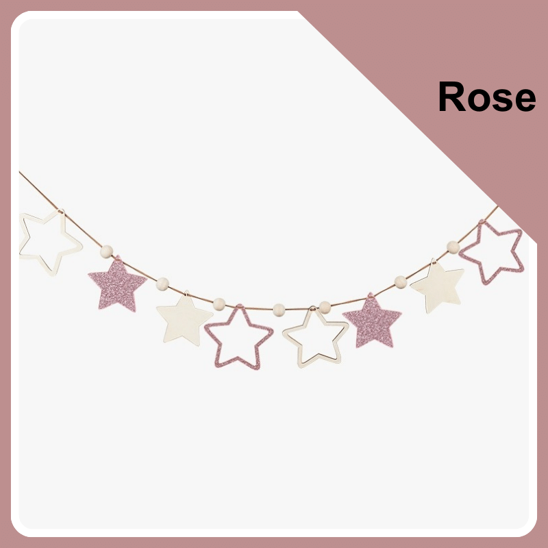 Rose pink celestial-themed wood star decorations set.