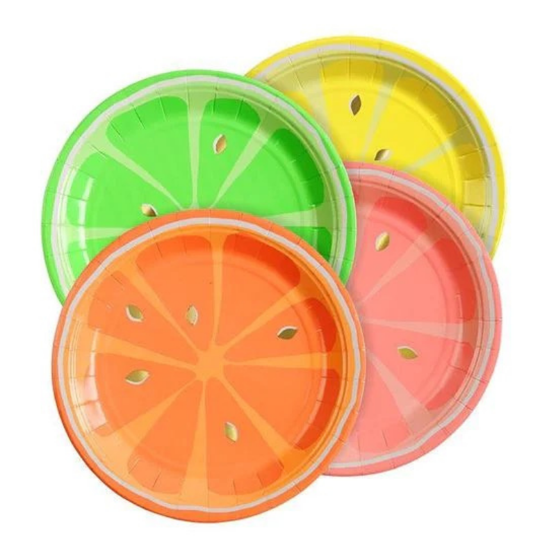 Vibrant 7-inch dessert paper plates: Pink Grapefruit, Yellow Lemon, Orange, Green Lime