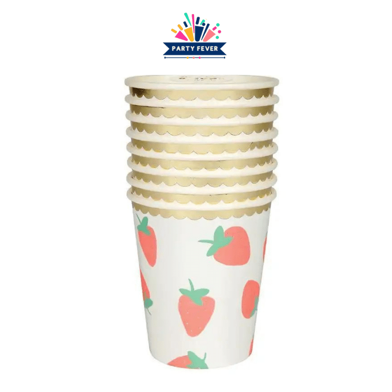 Pack of 8 strawberry pattern disposable cups for beverages.