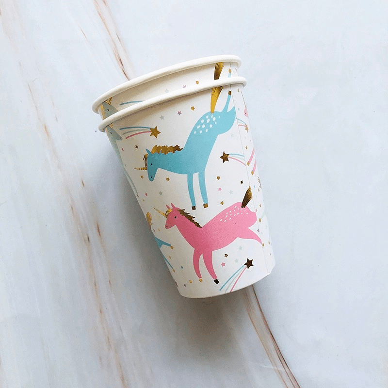 Durable celebration cups. Joyous unicorn pony cups