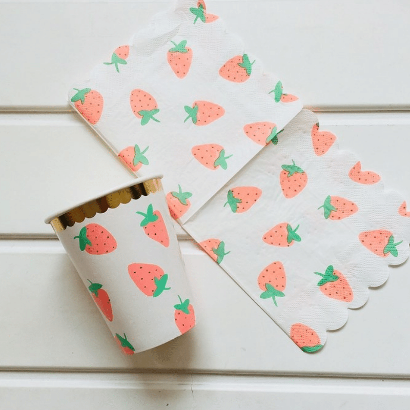 Colorful strawberry-themed disposable napkins.