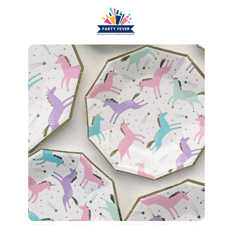 Colorful unicorn paper plates pack. Pack of 8 playful party plates