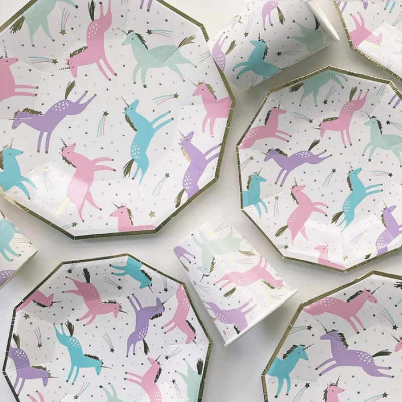 Vibrant unicorn-themed party plates. Sturdy durable dinnerware options