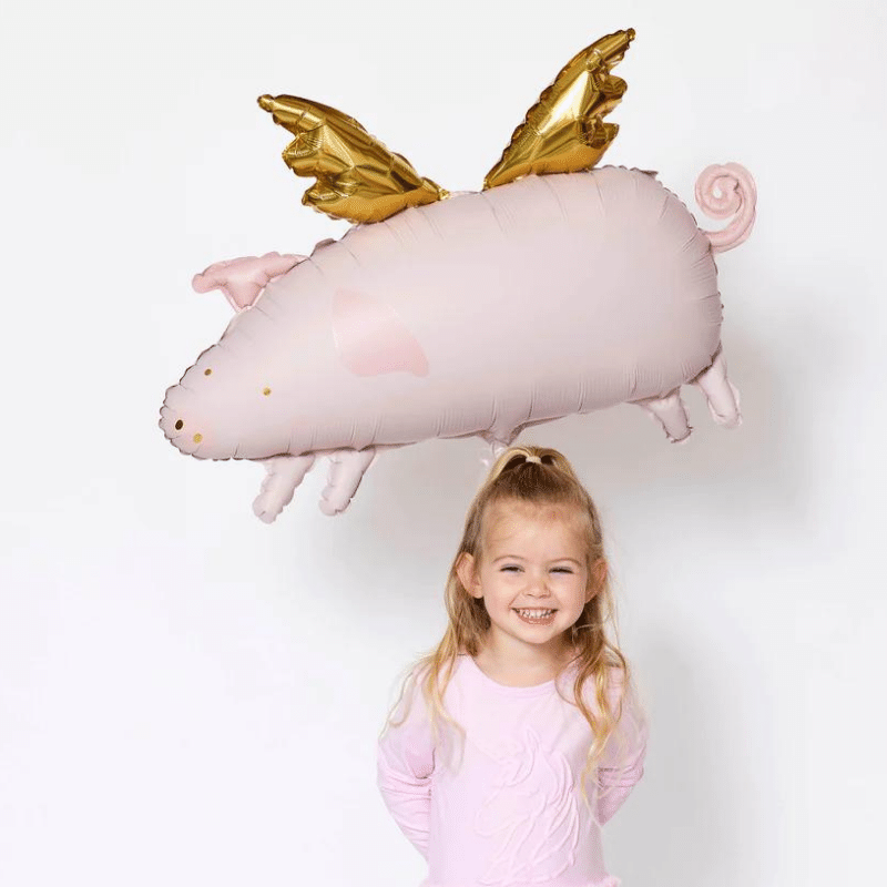 Matte Pink Swine Balloon Display. Whimsical Golden Winged Pig Accent