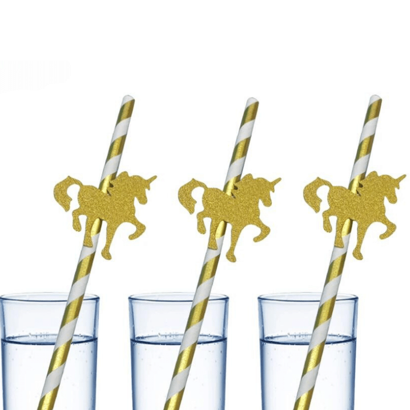 Gold Foil Striped Unicorn Carousel Straws - 8-Pack Set