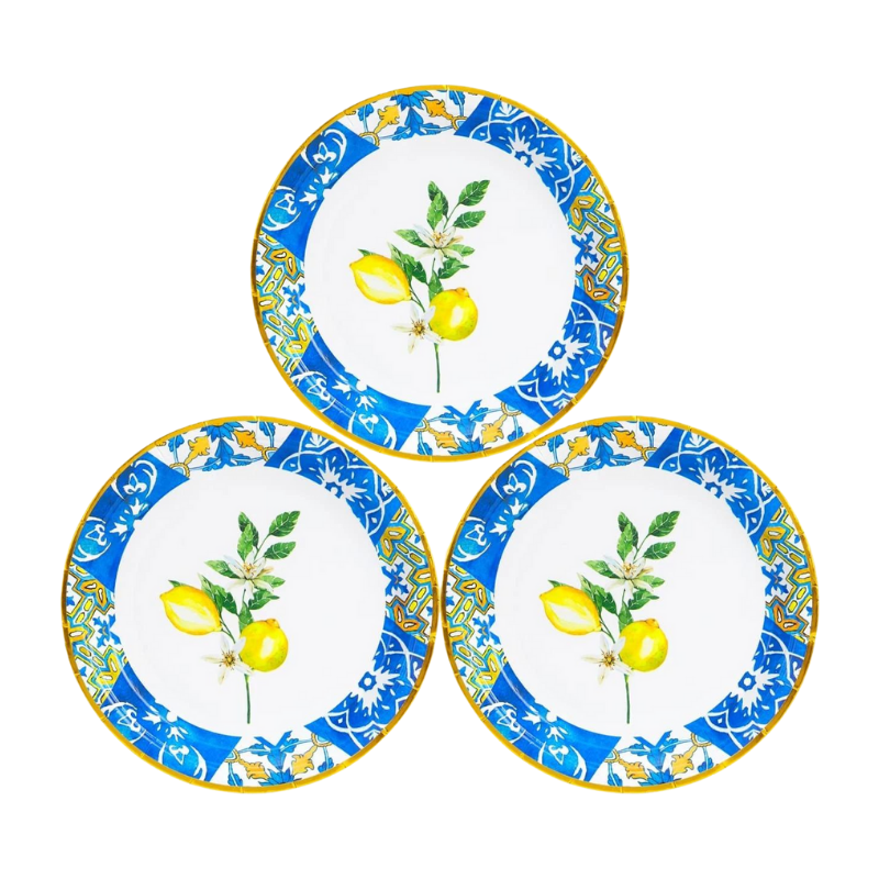 Vibrant lemon pattern dinnerware collection. Stylish disposable party plates pack
