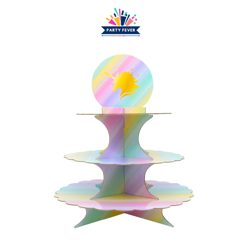 Whimsical 3-Tier Cupcake Stand: Unicorn Rainbow Theme