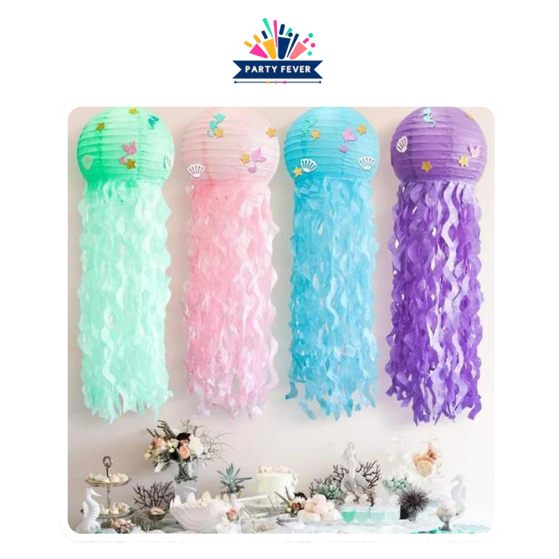 Mermaid-themed hanging lanterns kit. Vibrant neon glow jellyfish decorations