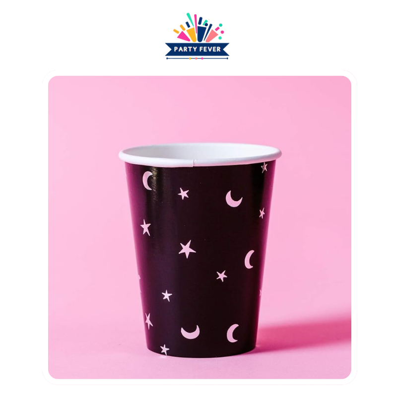 Black crescent moon and star paper cups - pack of 8