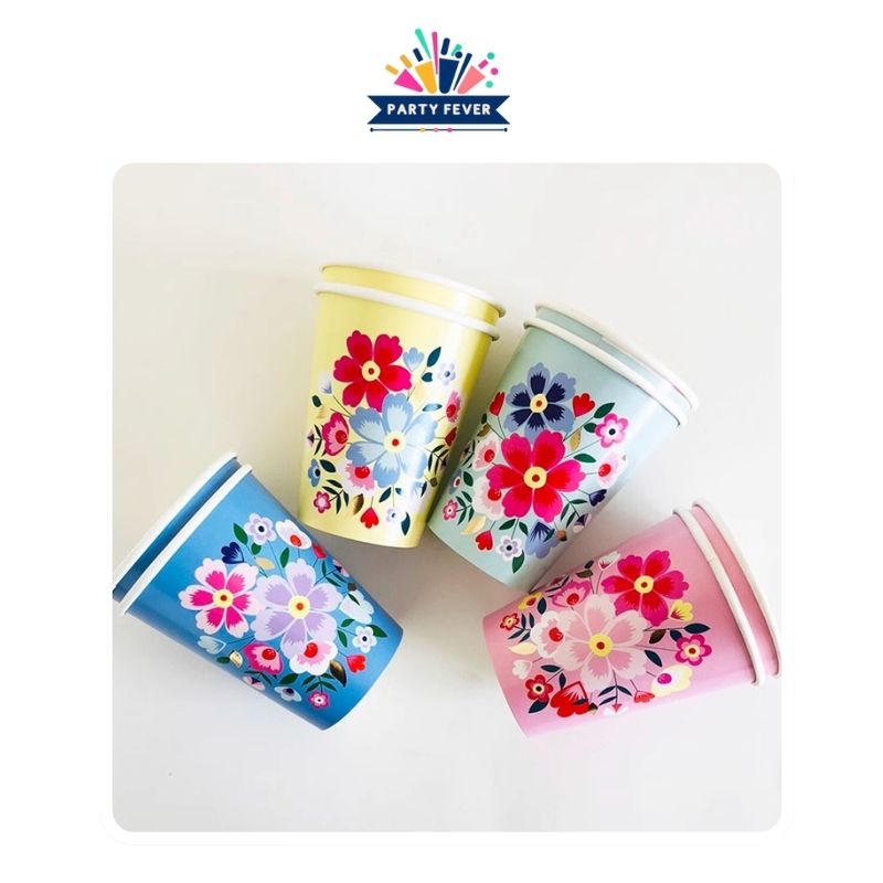 Colorful floral paper cup set with vibrant designs