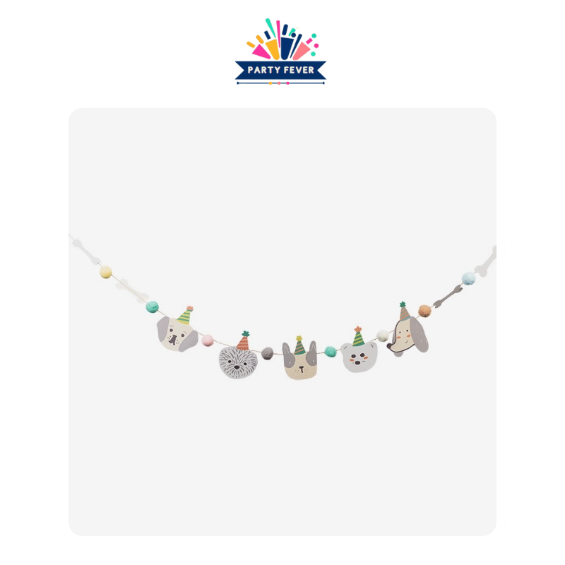Puppy-Themed Party Decorations. Puppy Garland (5 puppy-themed puppy pennants with party hats 4bones embellished with metallic cord 8 pompom in 8 macaron colors)